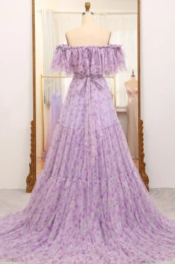Light Purple Off The Shoulder A-Line Printed Long Prom Dress