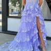 Light Purple Tiered Corset Appliques One Shoulder Prom Dress with Slit