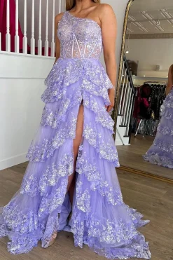 Light Purple Tiered Corset Appliques One Shoulder Prom Dress with Slit