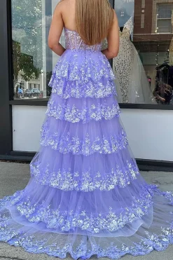 Light Purple Tiered Corset Appliques One Shoulder Prom Dress with Slit