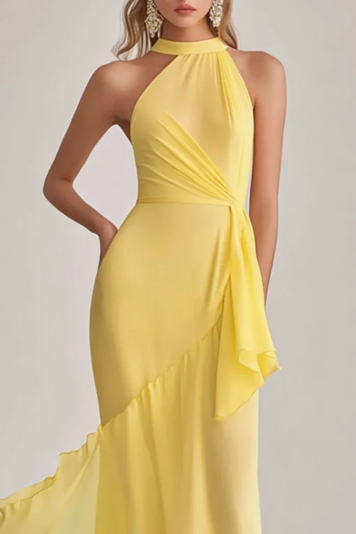 Light Yellow Halter Neck Mermaid Chiffon Long Wedding Guest Dress