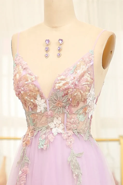 Lilac A Line Spaghetti Straps Long Prom Dress with Appliques