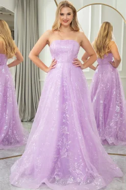 Lilac A Line Strapless Long Corset Prom Dress