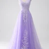 Lilac A-Line Spaghetti Straps Tulle Long Prom Dress with Appliques