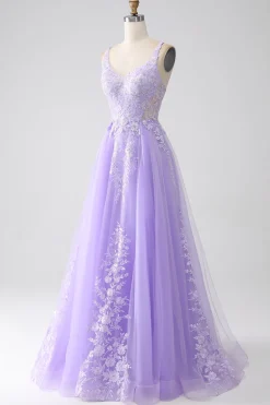 Lilac A-Line Spaghetti Straps Tulle Long Prom Dress with Appliques