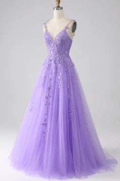 Lilac A-Line Spaghetti Straps Long Prom Dress with Appliques