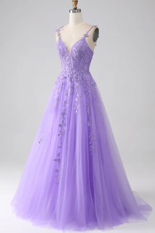 Lilac A-Line Spaghetti Straps Long Prom Dress with Appliques