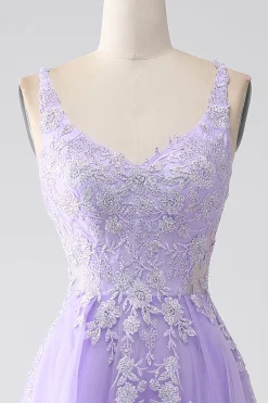 Lilac A-Line Spaghetti Straps Tulle Long Prom Dress with Appliques