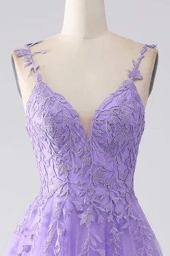 Lilac A-Line Spaghetti Straps Long Prom Dress with Appliques