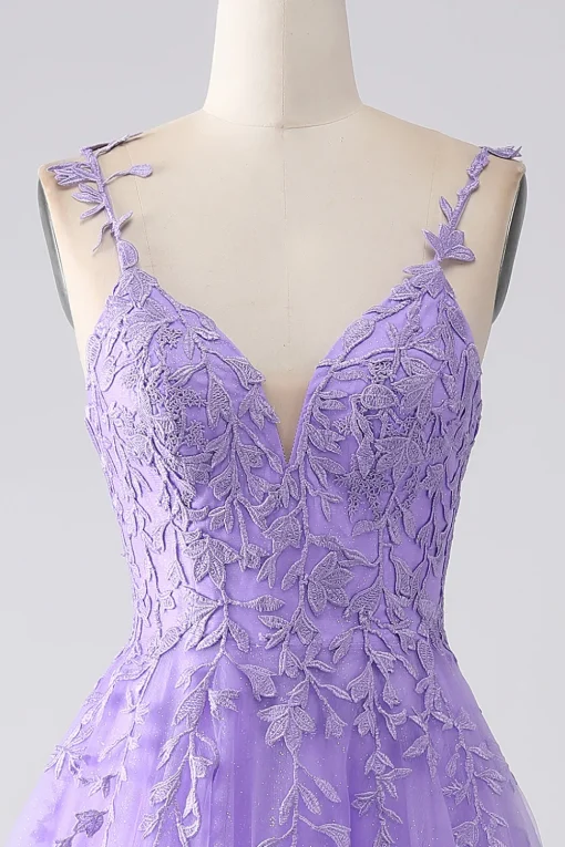 Lilac A-Line Spaghetti Straps Long Prom Dress with Appliques
