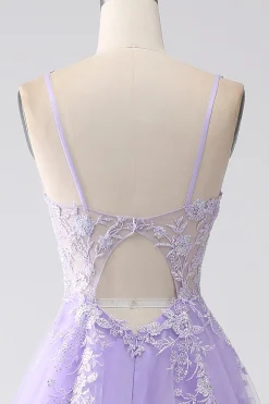 Lilac A-Line Spaghetti Straps Tulle Long Prom Dress with Appliques