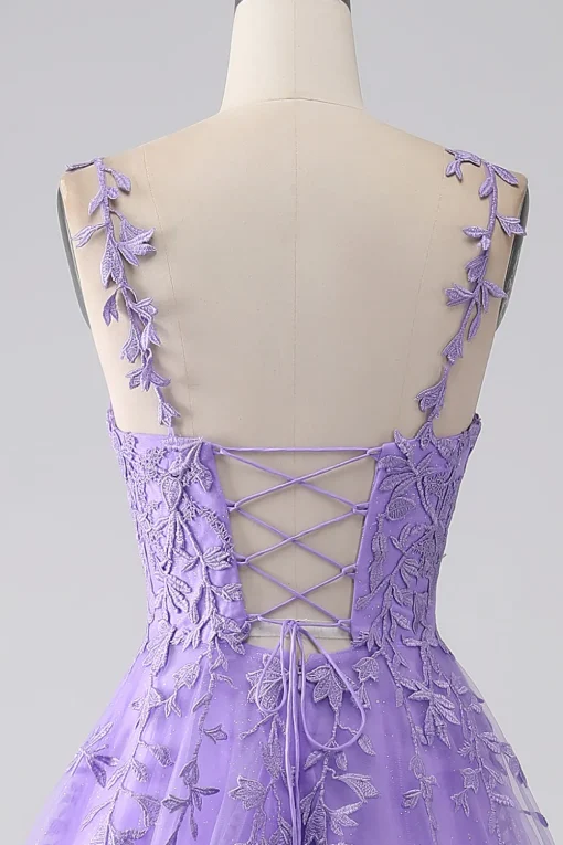 Lilac A-Line Spaghetti Straps Long Prom Dress with Appliques