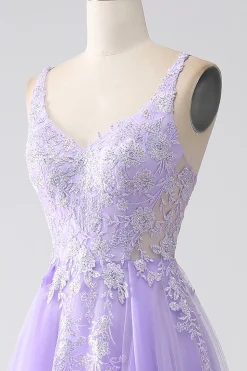 Lilac A-Line Spaghetti Straps Tulle Long Prom Dress with Appliques