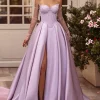 Lilac A-Line Sweetheart Long Corset Satin Prom Dress with Slit (Gloves are not Included)