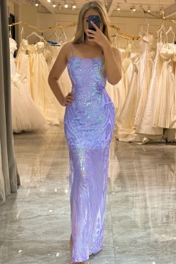 Lilac Spaghetti Straps Mermaid Backless Long Prom Dress With Sequin
