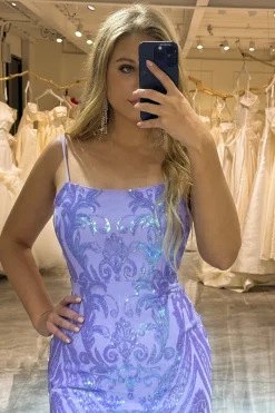 Lilac Spaghetti Straps Mermaid Backless Long Prom Dress With Sequin