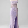 Lilac Sparkly Spaghetti Straps Mermaid Prom Dress with Slit