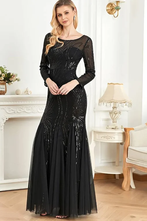 Long Sleeves Mermaid Sequins Formal Dress