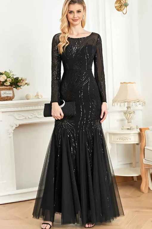 Long Sleeves Mermaid Sequins Formal Dress