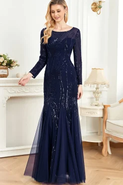 Long Sleeves Mermaid Sequins Formal Dress