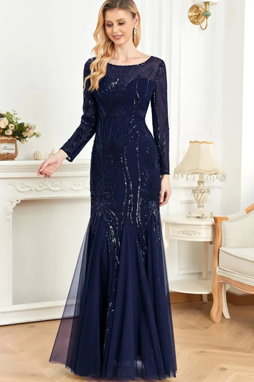 Long Sleeves Mermaid Sequins Formal Dress
