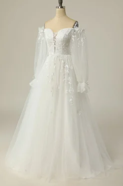 Luxurious A Line Off the Shoulder White Wedding Dress with Appliques