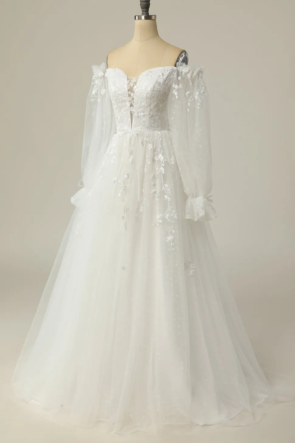 Luxurious A Line Off the Shoulder White Wedding Dress with Appliques