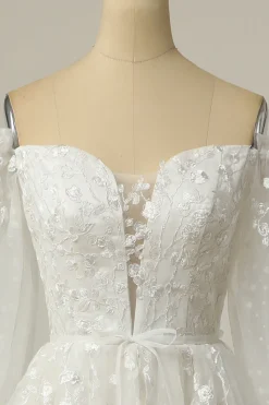 Luxurious A Line Off the Shoulder White Wedding Dress with Appliques