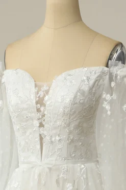 Luxurious A Line Off the Shoulder White Wedding Dress with Appliques