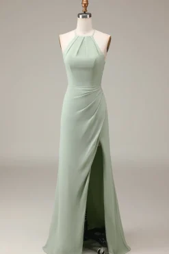 Matcha Halter Neck Sheath Pleated Bridesmaid Dress with Slit