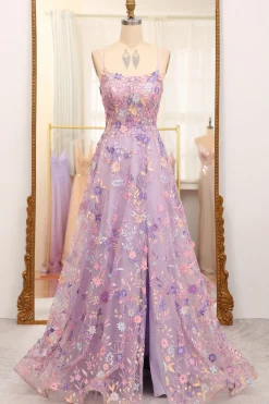 Mauve A-Line Spaghetti Straps Prom Dress with Appliques