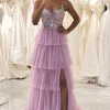 Mauve A-Line Spaghetti Straps Tulle Corset Prom Dress with Slit