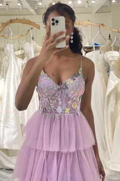 Mauve A-Line Spaghetti Straps Tulle Corset Prom Dress with Slit