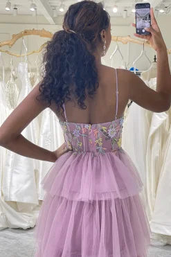Mauve A-Line Spaghetti Straps Tulle Corset Prom Dress with Slit