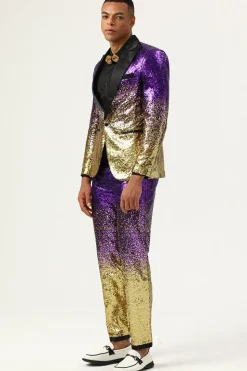 Men's 2 Piece Ombre Sequins Purple Slim Fit Notched Lapel Prom Suits