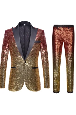Men's 2 Piece Ombre Sequins Purple Slim Fit Notched Lapel Prom Suits