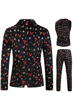 Men's Black Christmas Printed 3-Piece One Button Party Suits