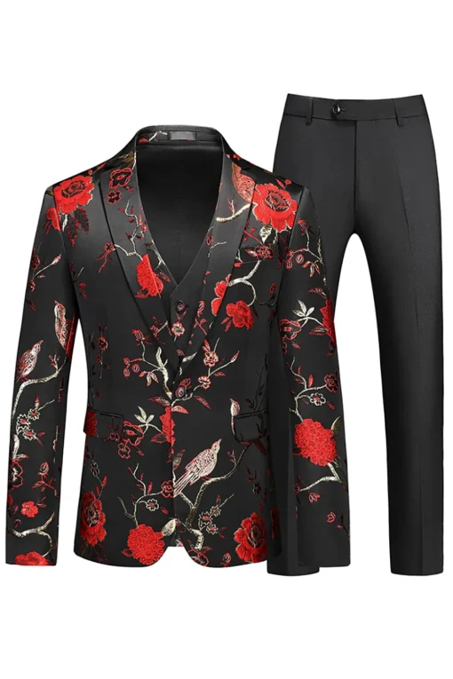 Men's Red Jacquard 3-Piece Notched Lapel Homecoming Suits