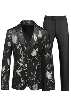 Men's Red Jacquard 3-Piece Notched Lapel Homecoming Suits