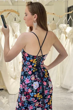 Mermaid Black Spaghetti Straps Long Prom Dress with Slit