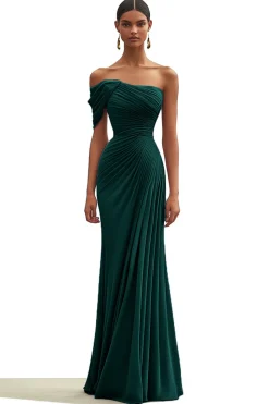 Mermaid Dark Green One Shoulder Pleated Long Formal Dress