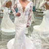 Mermaid Deep V-Neck White Long Wedding Dress with Sleeves