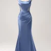 Mermaid Grey Blue Satin Spaghetti Straps Pleated Long Prom Dress