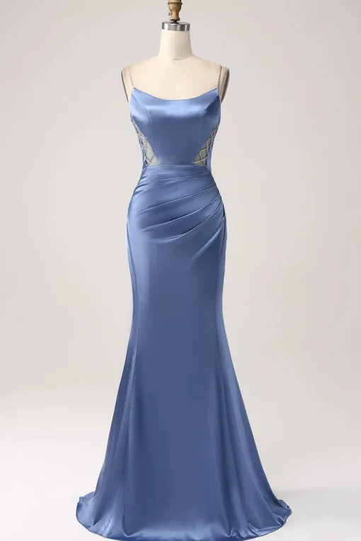 Mermaid Grey Blue Satin Spaghetti Straps Pleated Long Prom Dress