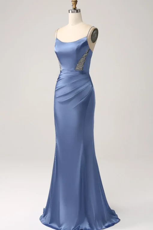 Mermaid Grey Blue Satin Spaghetti Straps Pleated Long Prom Dress