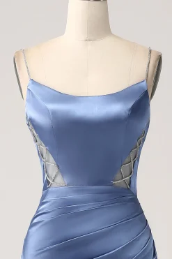 Mermaid Grey Blue Satin Spaghetti Straps Pleated Long Prom Dress