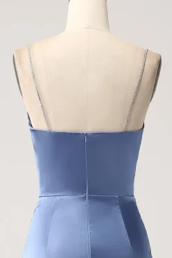 Mermaid Grey Blue Satin Spaghetti Straps Pleated Long Prom Dress
