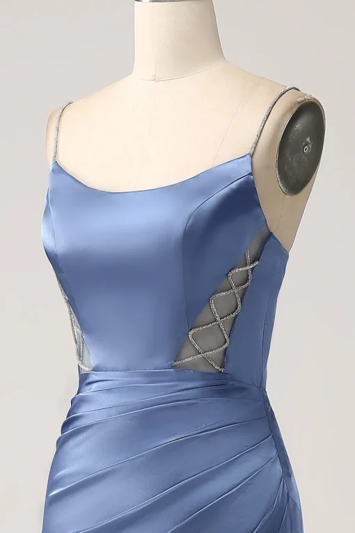 Mermaid Grey Blue Satin Spaghetti Straps Pleated Long Prom Dress