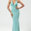 Mermaid Halter Green Long Bridesmaid Dress with V-neck