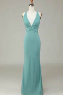 Mermaid Halter Green Long Bridesmaid Dress with V-neck
